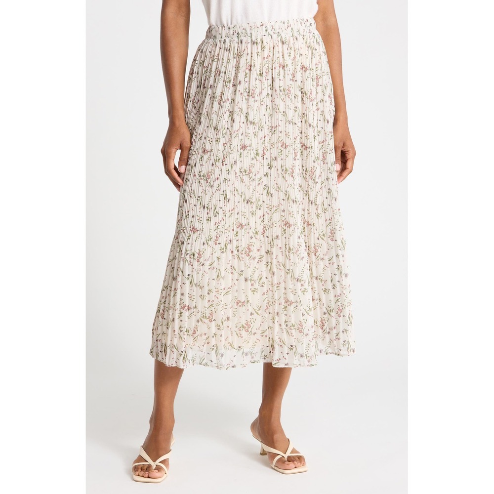 WDNY Ditsy Floral Pleated Midi Skirt Cream Pink Elastic Waist Boho Women's XL